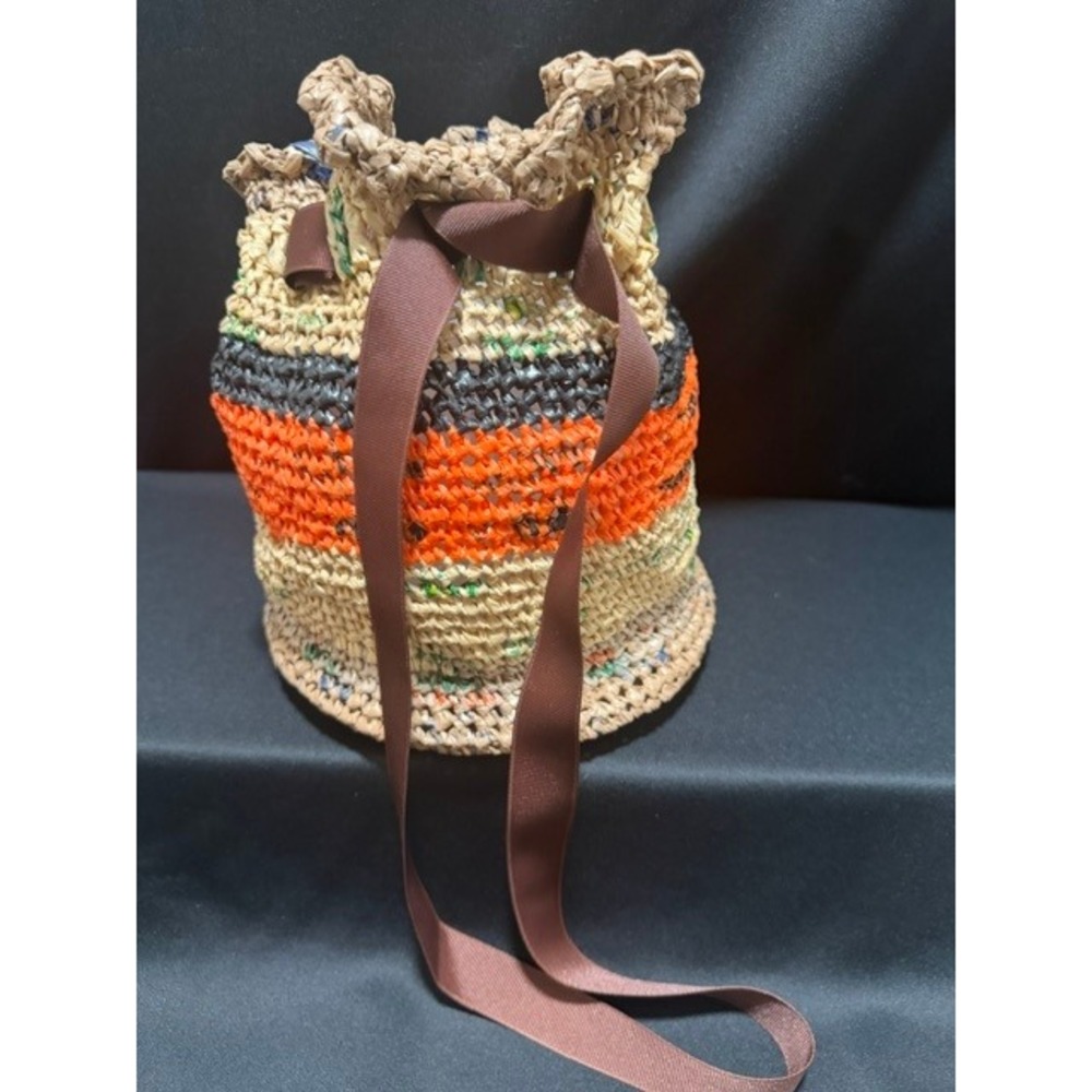 Handmade Striped Crochet Raffia Bucket Bohemian Bag Orange Black Tan Drawstring